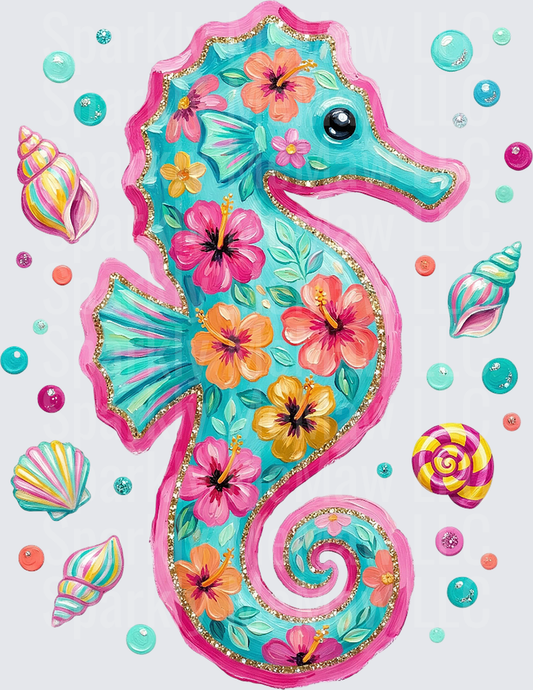 Tropical Floral Seahorse with Seashells and Bubbles UV DTF Decal