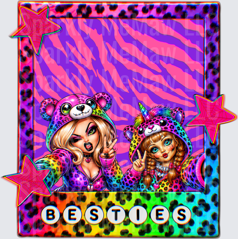 Besties Rainbow Leopard Print Girls with Colorful Animal Hoodies DTF Transfer for Fabric
