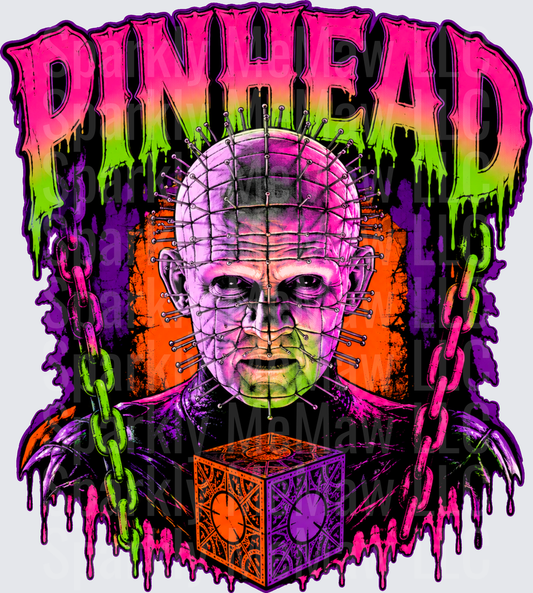 Pinhead Hellraiser Horror Icon with Lament Configuration Puzzle Box and Chains Neon Drip Graphic DTF Transfer for Fabrics