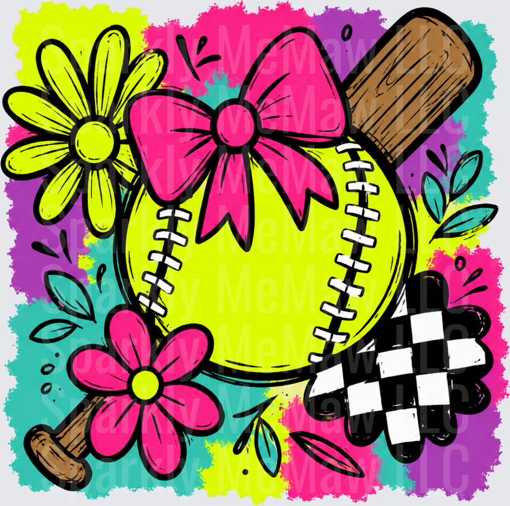 Softball Bow Floral UV DTF Decal