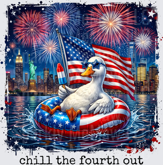 Patriotic Duck on American Flag Pool Float with NYC Fireworks Chill the Fourth Out UV DTF Decal