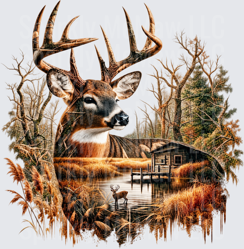 Whitetail Buck Autumn Wetlands Scene is a UV DTF Decal