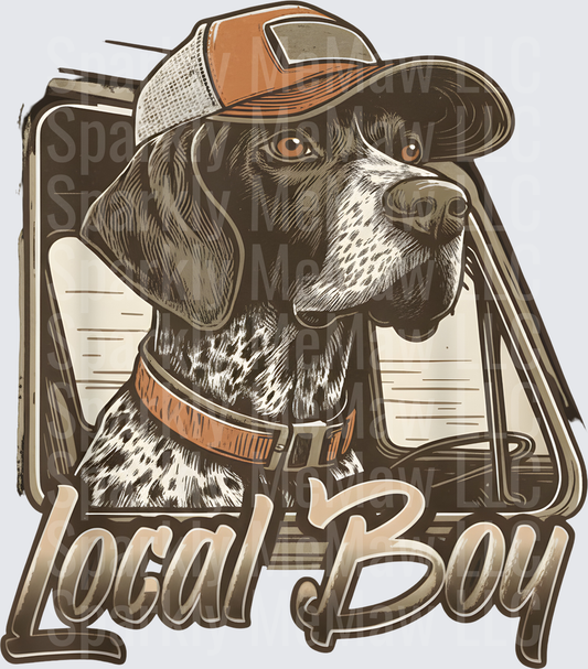 Local Boy German Shorthaired Pointer Dog in Trucker Hat Truck Window uv dtf decal
