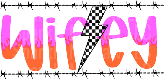 Wifey Text with Checkered Lightning Bolt and Barbed Wire Border UV DTF Decal