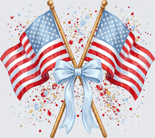 Crossed American Flags with Blue Ribbon and Patriotic Confetti UV DTF Decal