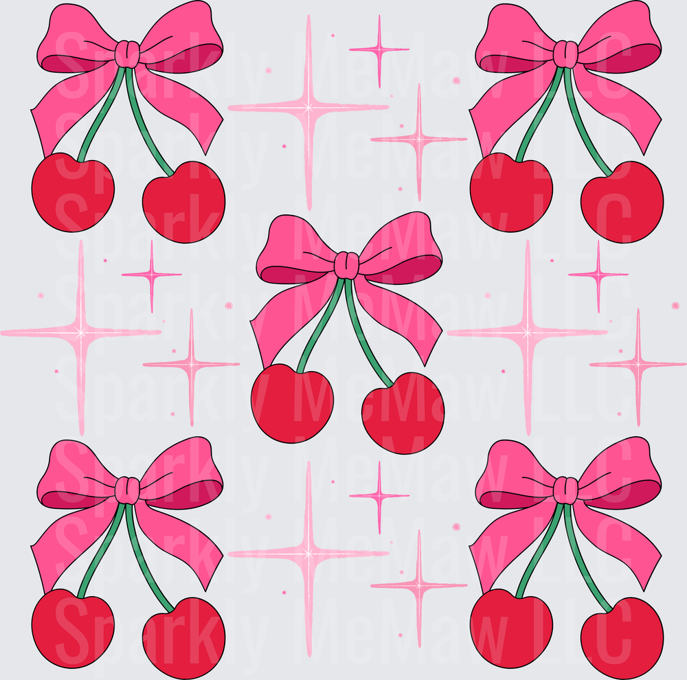 Cute Pink Bow Cherries with Sparkles Pattern UV DTF Decal