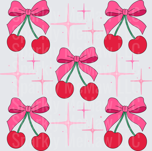 Cute Pink Bow Cherries with Sparkles Pattern UV DTF Decal