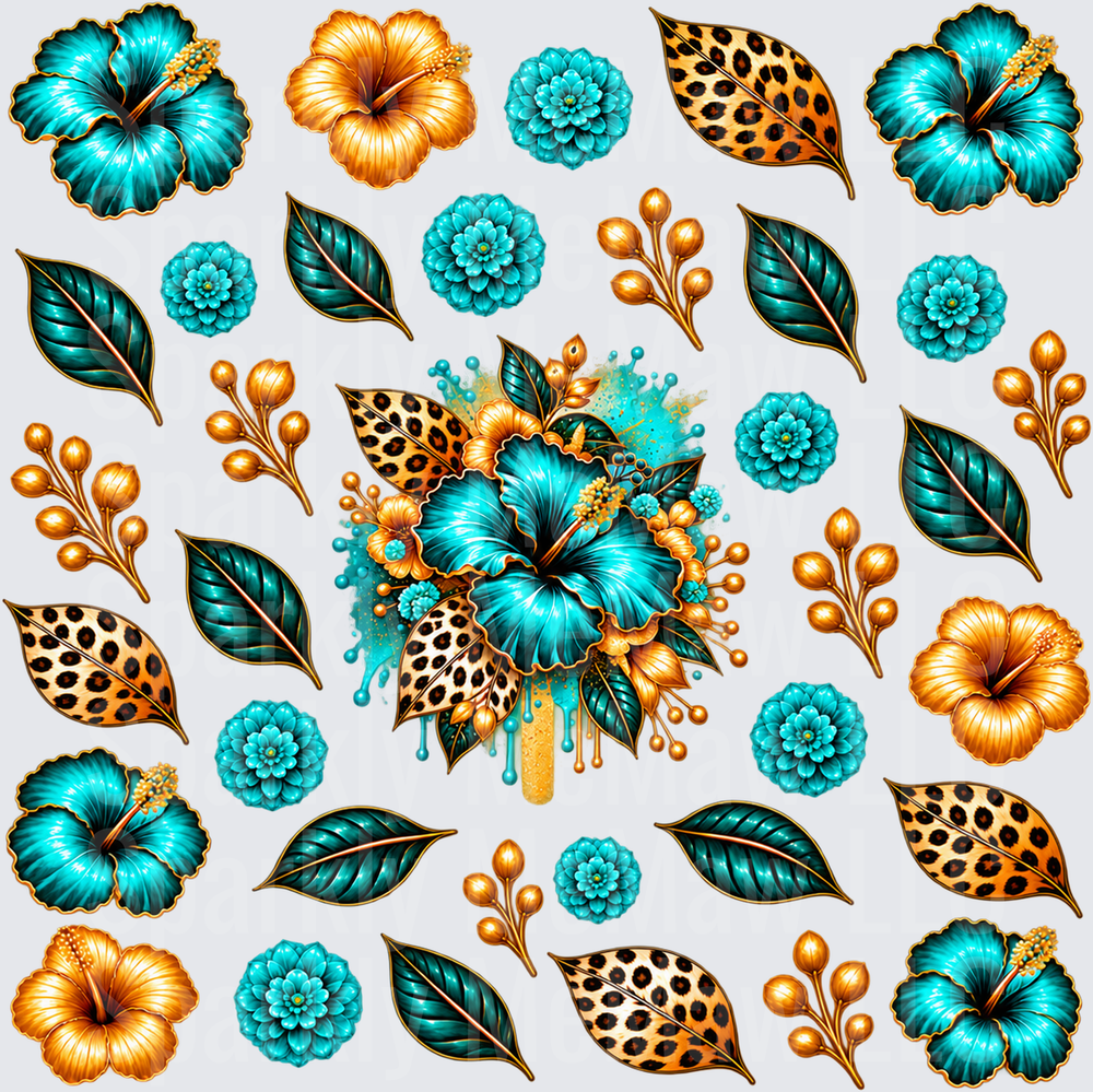 Teal Gold Leopard Floral Pattern This is a 10X10 UV DTF Full Sheet