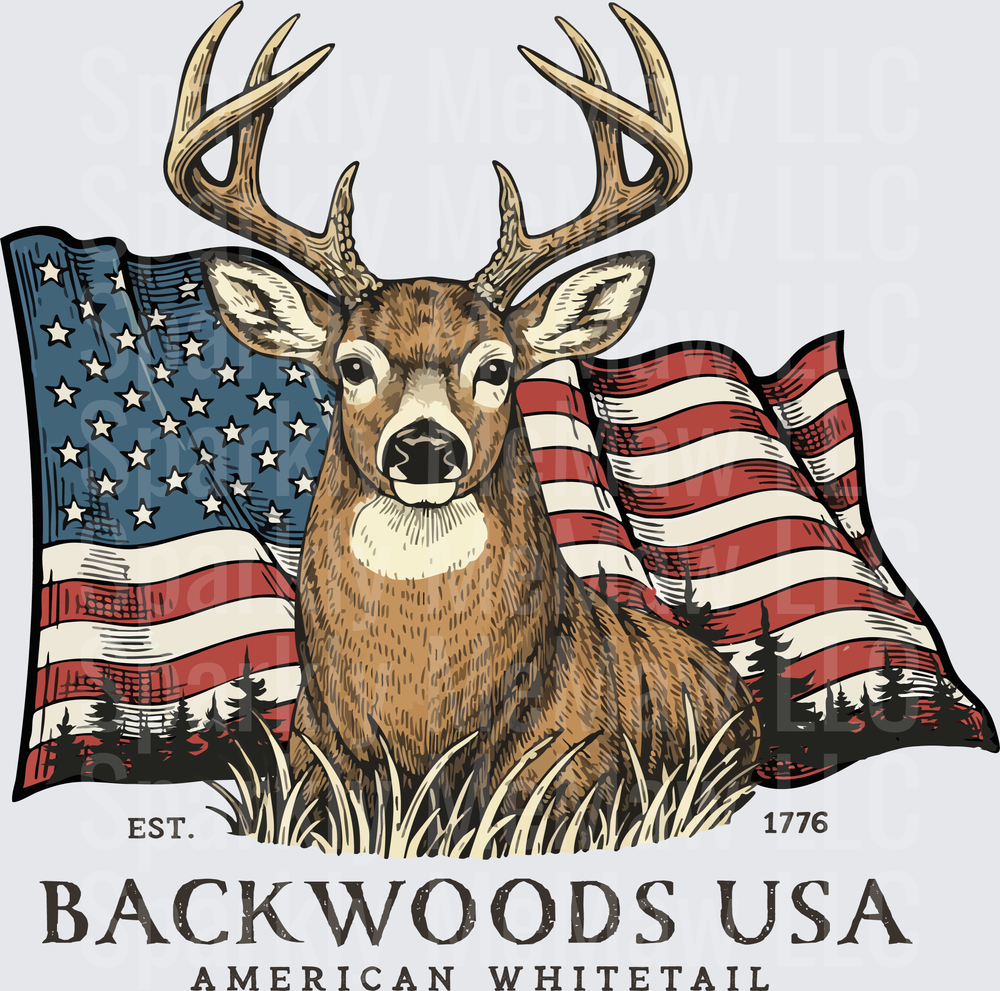 Patriotic Buck Deer with American Flag Backwoods USA Est 1776 American Whitetail DTF Transfer