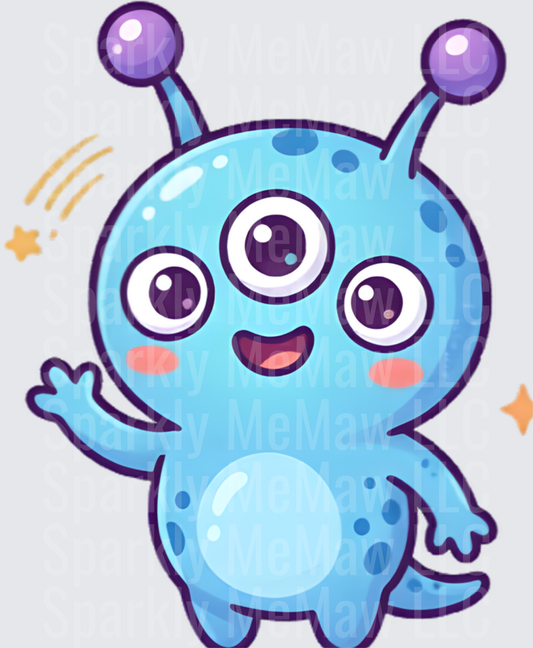 Cute Blue Three-Eyed Alien Monster with Purple Antennae UV DTF Decal