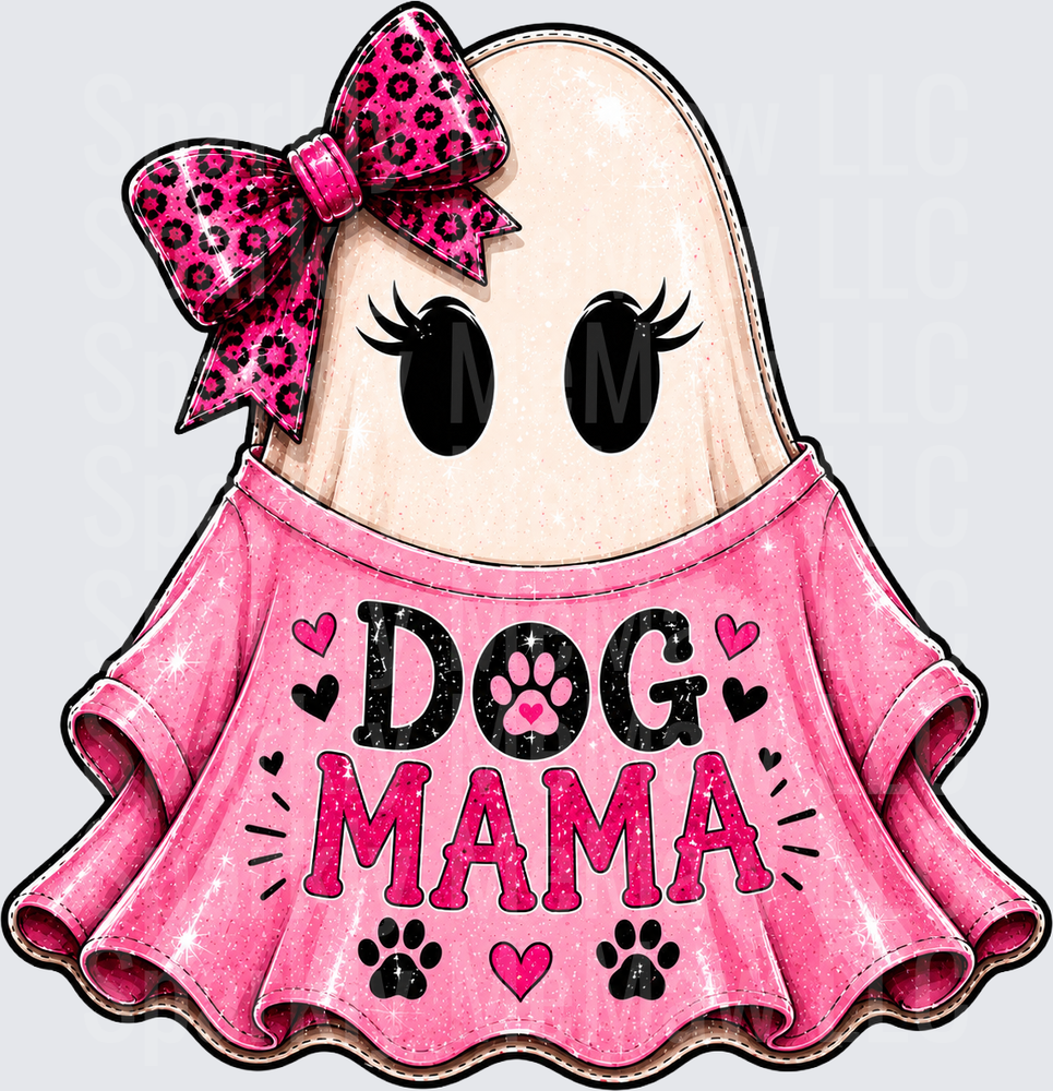 Dog Mama Ghost with Pink Leopard Bow and Paw Prints Halloween DTF Transfer