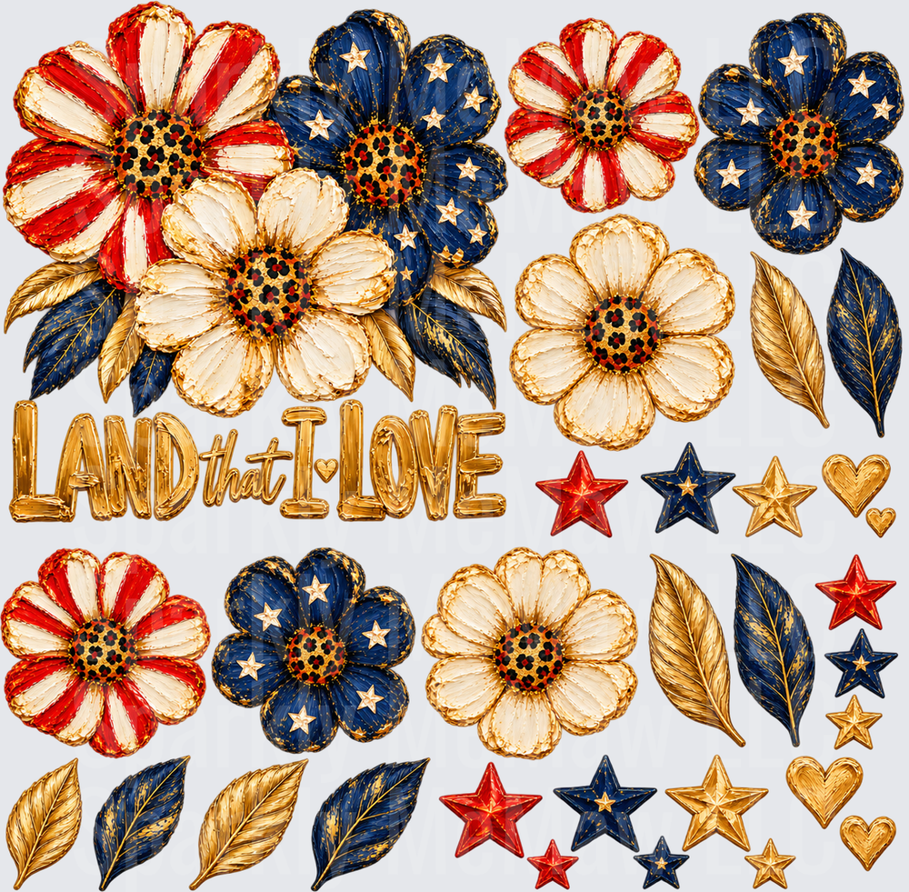 Patriotic Land That I Love Floral Bundle – This is a 10x10 UV DTF Cut and Stick Sheet