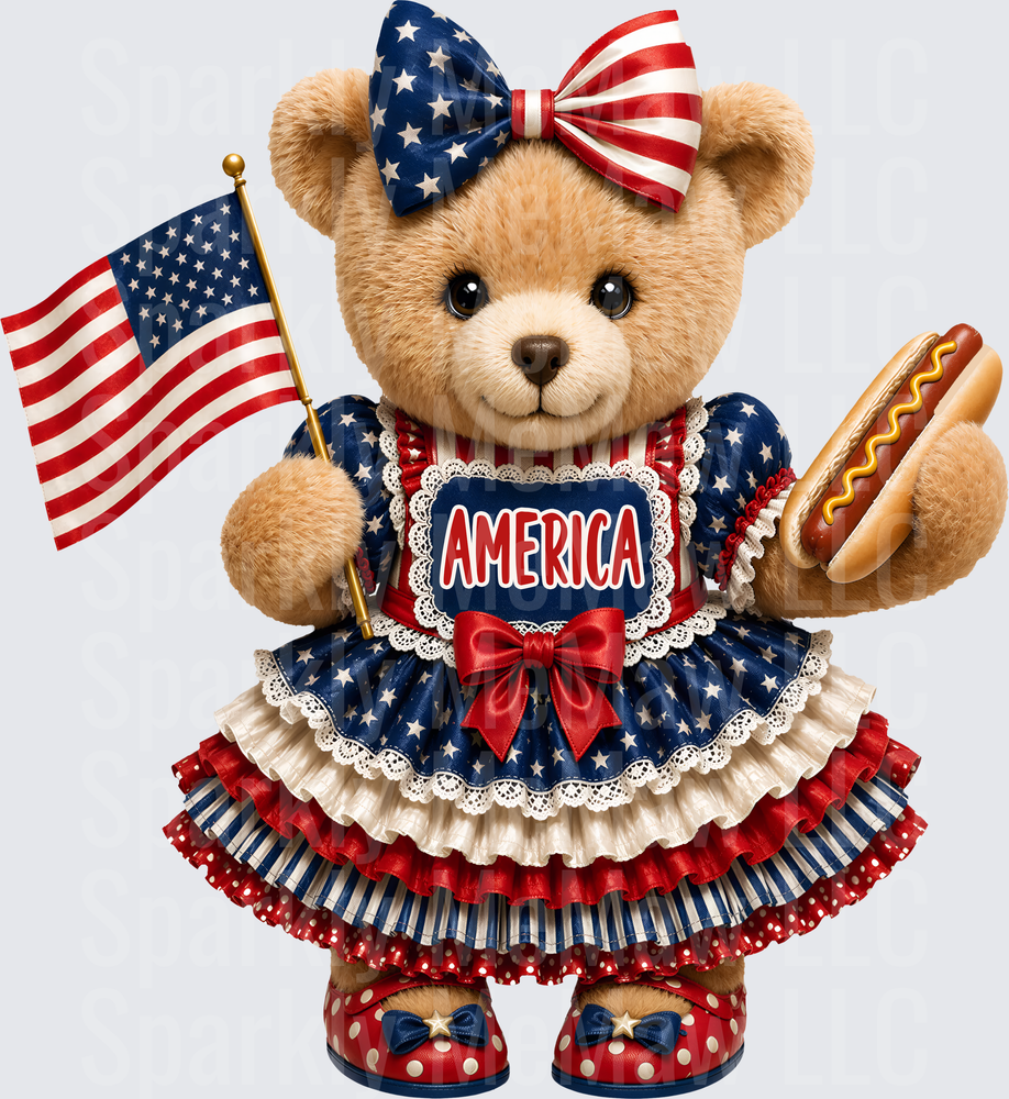 Patriotic Teddy Bear in American Flag Dress Holding Hot Dog and Flag UV DTF Decal