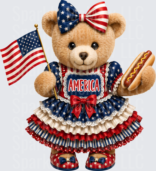Patriotic Teddy Bear in American Flag Dress Holding Hot Dog and Flag UV DTF Decal