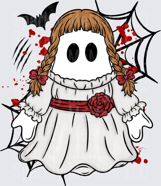 Annabelle Inspired Ghost Doll with Braids Red Rose Sash Blood Splatter Spiderwebs and Bat DTF Transfer for Fabrics
