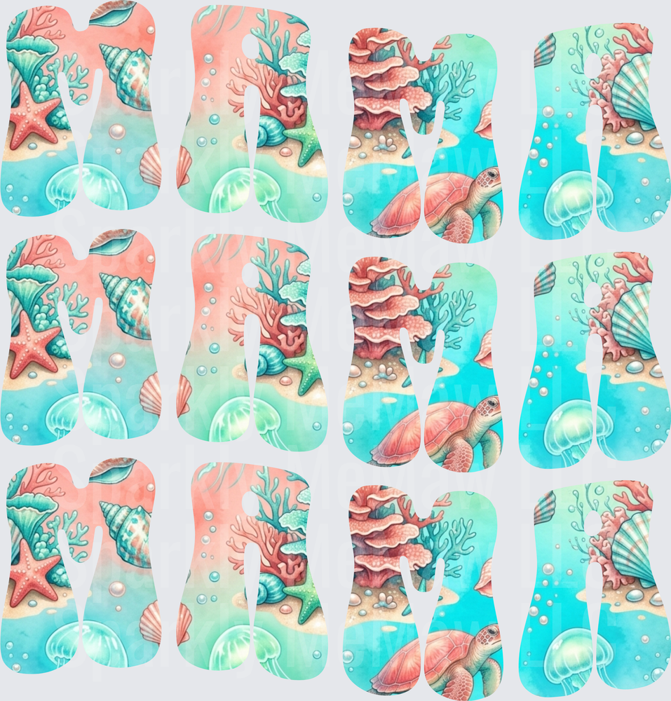 Ocean Life MAMA Letters with Sea Turtle Starfish Coral Reef Underwater Scene DTF Transfer for Fabric