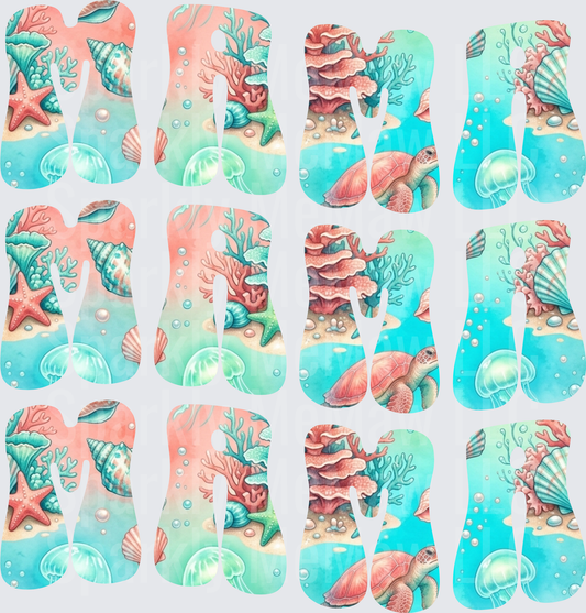 Ocean Life MAMA Letters with Sea Turtle Starfish Coral Reef Underwater Scene DTF Transfer for Fabric