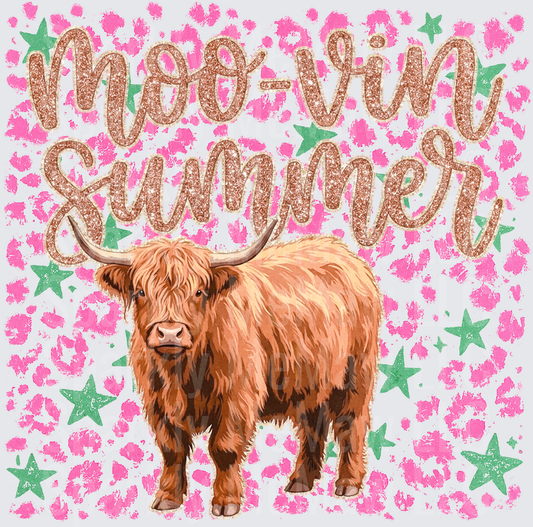 Moo-vin Summer Highland Cow Glitter Text Pink Leopard Print Green Stars DTF Transfer for fabrics