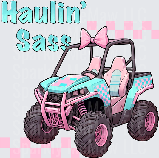 Haulin' Sass Pink and Teal UTV Side by Side with Bow UV DTF Decal