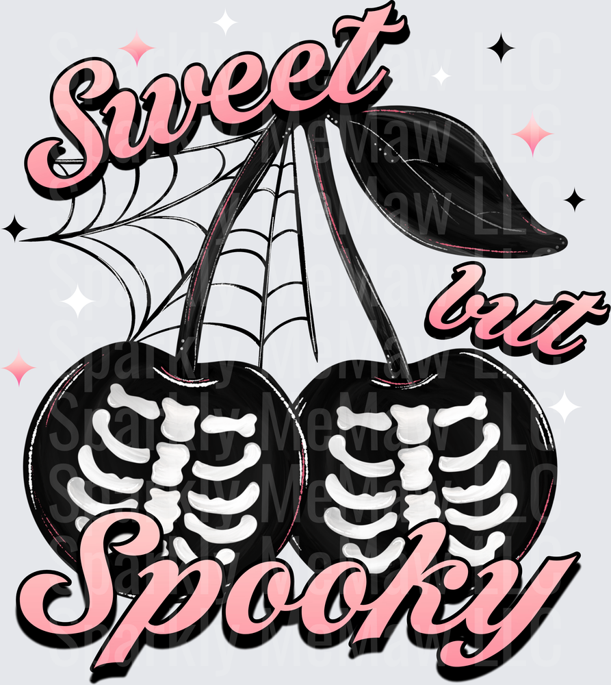 Sweet But Spooky Black Skeleton Cherries Spider Web Gothic Halloween DTF Transfer for Fabrics