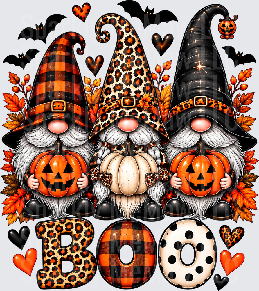 Three Halloween Gnomes BOO Pumpkins UV DTF Decal