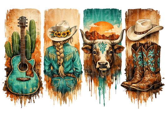 Western Country Four Panel Guitar Cowgirl Bull Boots Design UV DTF Decal