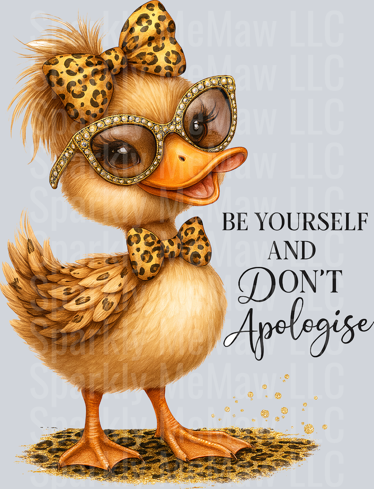 Glamorous Duck with Leopard Print Bows and Rhinestone Glasses Be Yourself Quote UV DTF Decal