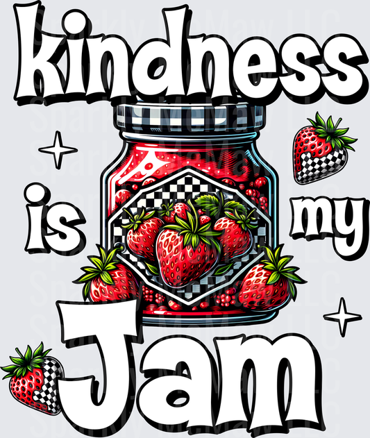 Kindness Is My Jam Strawberry Preserve Jar with Checkered Pattern UV DTF Decal