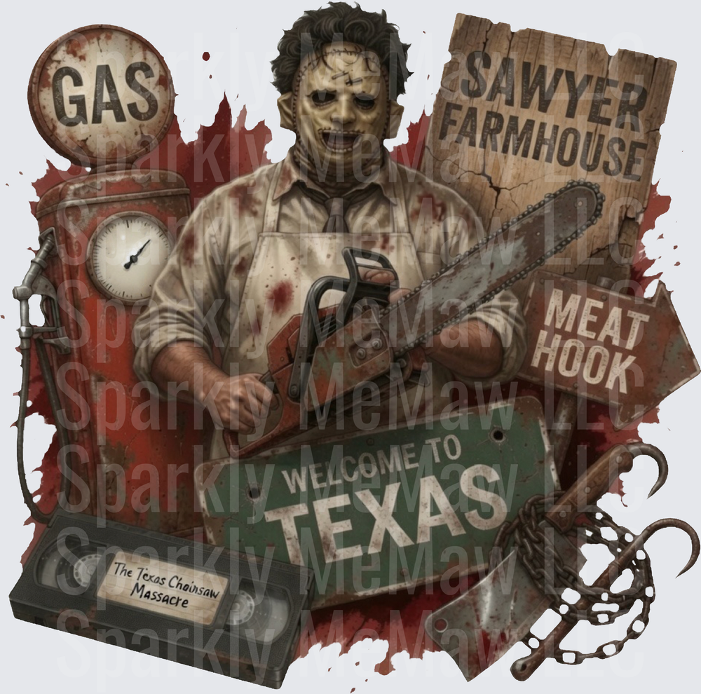 Leatherface Texas Chainsaw Massacre Sawyer Farmhouse Welcome To Texas Horror Collage DTF Transfer (fabrics)