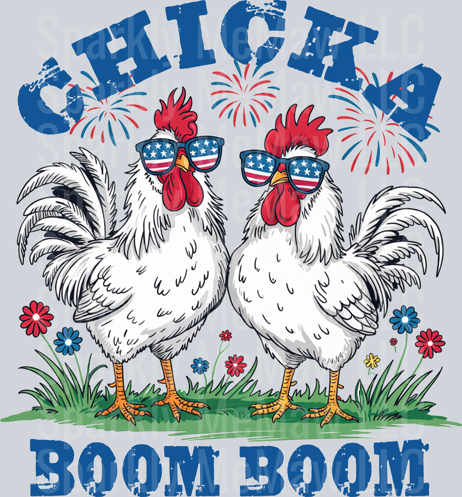 Patriotic Roosters with American Flag Sunglasses and Fireworks UV DTF Decal