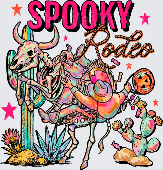 Spooky Rodeo Halloween Cowboy Skeleton Riding Bull with Desert Cactus Scene UV DTF Decal