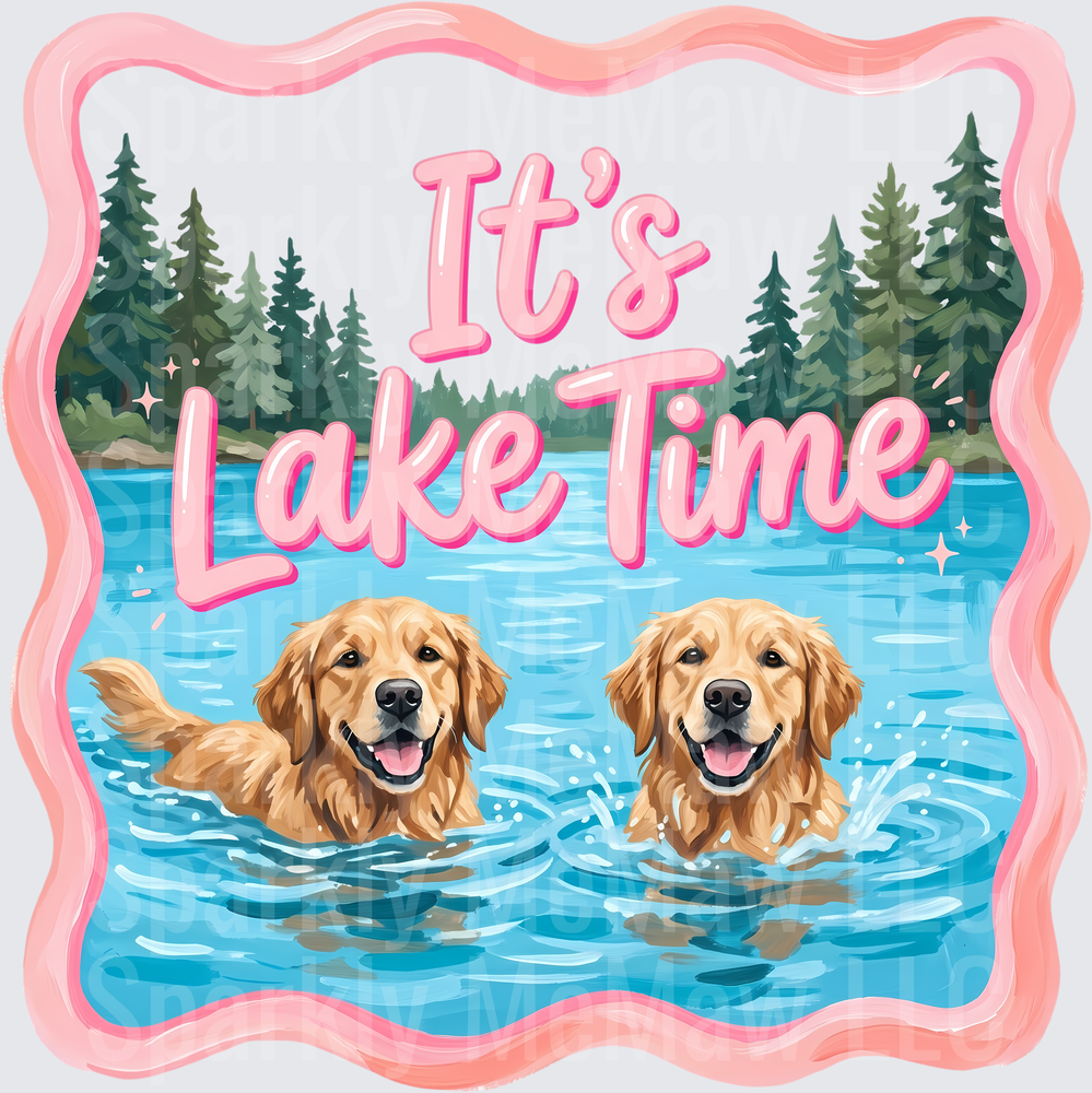It's Lake Time Golden Retrievers Swimming Pink Border UV DTF Decal