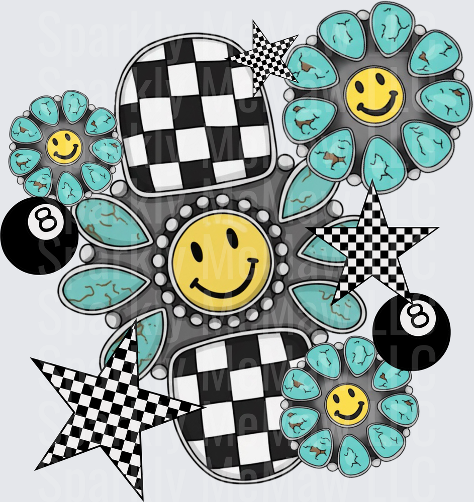 Retro Y2K Checkered Racing Flowers Smiley Face Eight Ball Stars UV DTF Decal