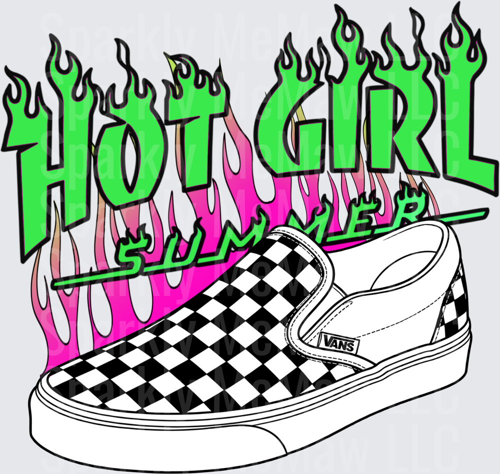 Hot Girl Checkered Vans Shoe with Green and Pink Flames UV DTF Decal