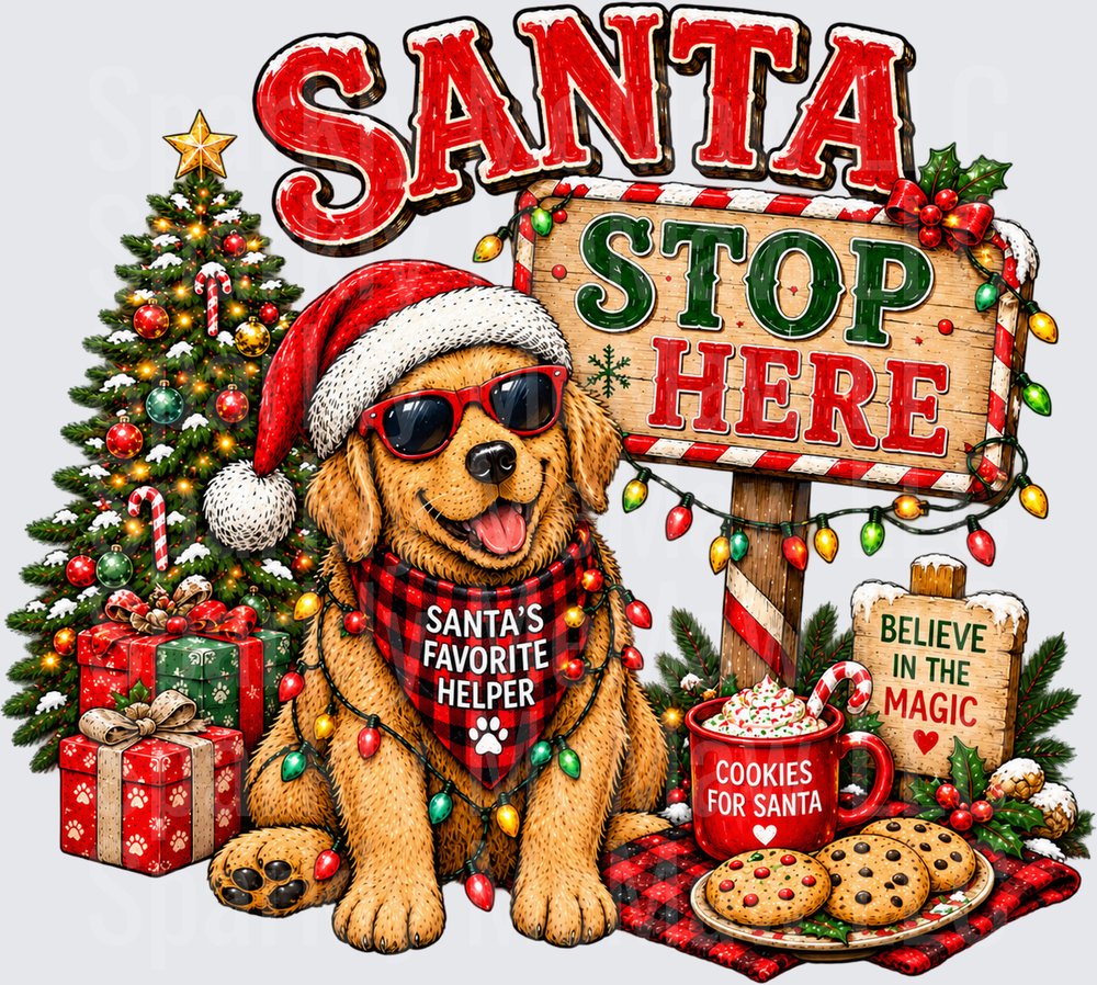 Santa Stop Here Golden Retriever UV DTF Decal