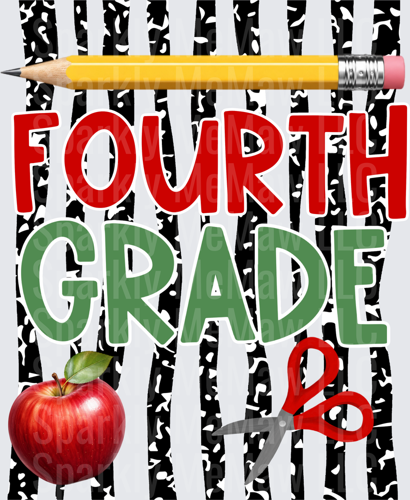 Fourth Grade School Typography Design with Pencil Apple and Scissors on Black and White Cow Print Background DTF Transfer for Fabric
