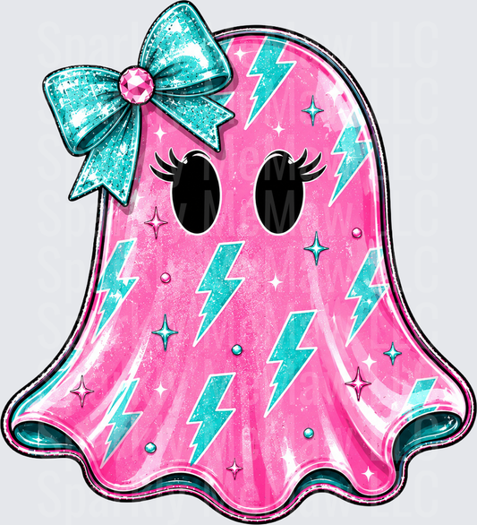 Cute Pink Ghost with Turquoise Lightning Bolts and Sparkly Bow DTF Transfer