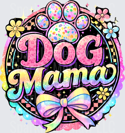 Dog Mama Rainbow Holographic Paw Print with Flowers and Bow UV DTF Decal