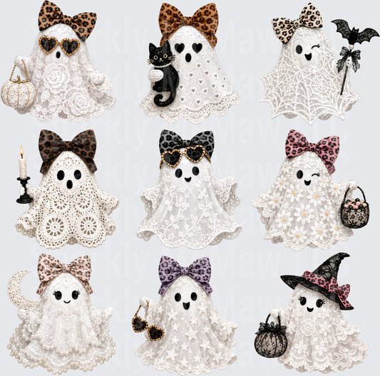 Cute Lace Ghost Girls Leopard Print Bow Halloween Bundle UV DTF 10x10 element sheet