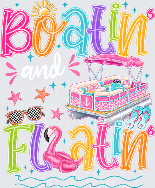 Boatin' Floatin' Colorful Pontoon Boat Flamingo Float Summer Vibes DTF Transfer for Fabrics