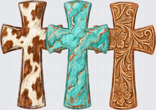 Triple Western Cross Cowhide Turquoise Stone Tooled Leather Floral UV DTF Decal