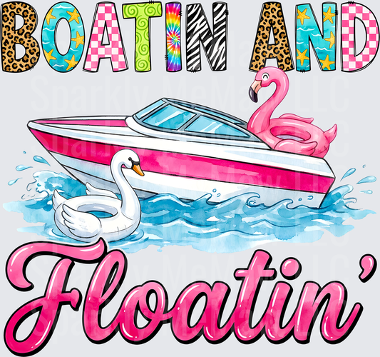 Boatin' and Floatin' Pink Speedboat with Swan and Flamingo Pool Floats Summer Lake Life DTF Transfer