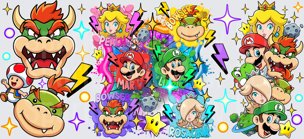 Super Mario Characters Colorful Collage This is a UV DTF 16 OZ Wrap