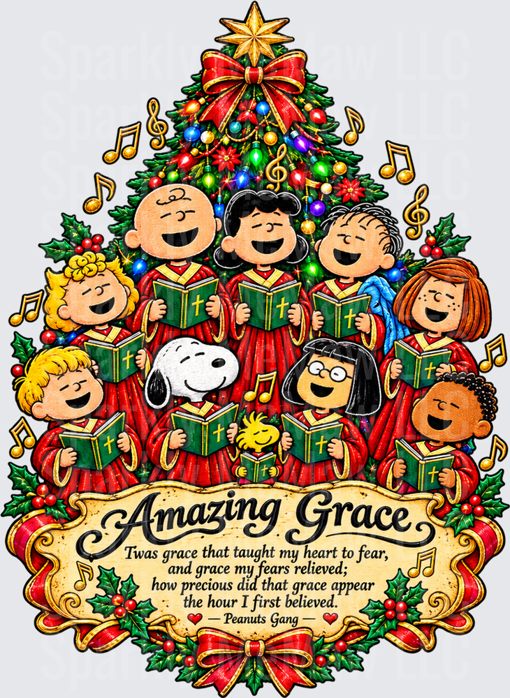 Peanuts Gang Amazing Grace Christmas Carol DTF Transfer for Fabrics