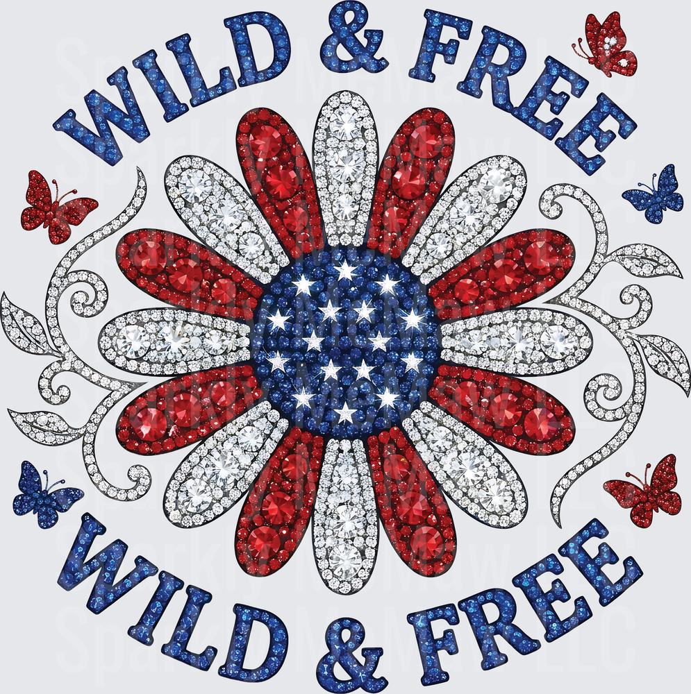 Wild and Free Patriotic Daisy with Red White Blue Rhinestones and Butterflies UV DTF Decal