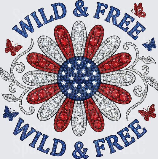 Wild and Free Patriotic Daisy with Red White Blue Rhinestones and Butterflies UV DTF Decal