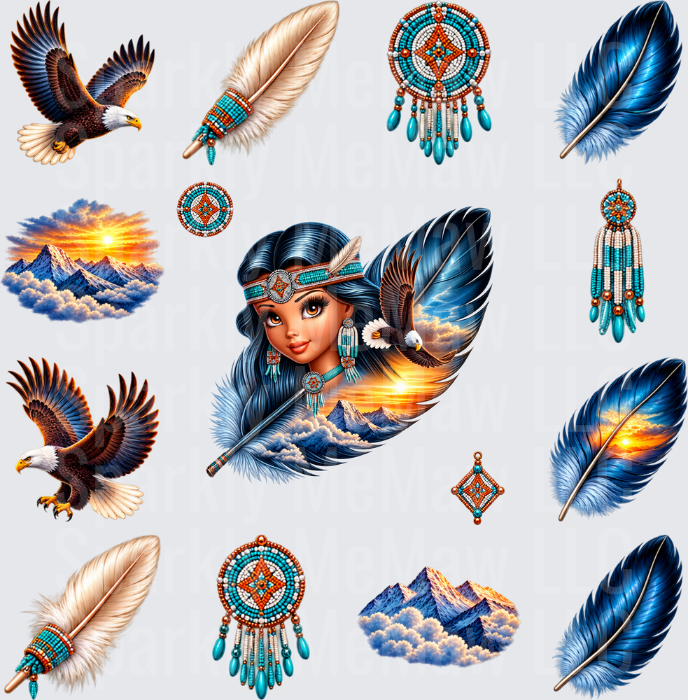 Native American Girl Eagle Feather Elements 10X10 UV DTF Full Sheet