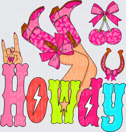 Howdy Coquette Western Leopard Cowgirl Boots Rock Hand Pink Bow Cherries Horseshoe DTF Transfer for Fabrics