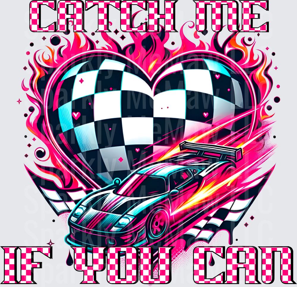 Catch Me If You Can Race Car Checkered Heart Flames UV DTF Decal