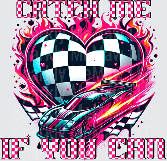 Catch Me If You Can Race Car Checkered Heart Flames UV DTF Decal